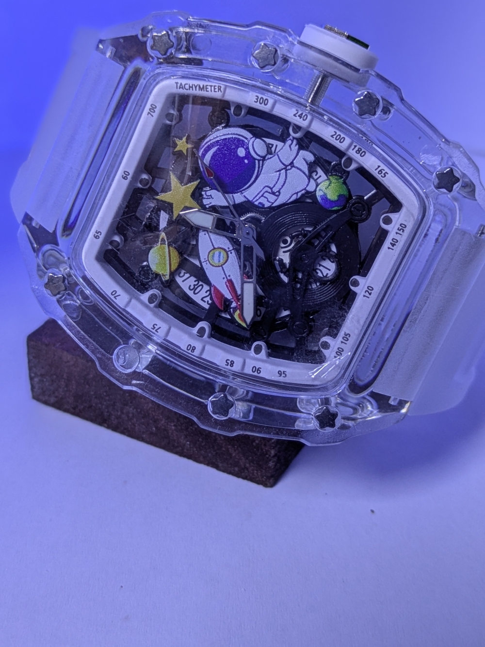 Clear Space Themed Analog Watch with White Strap